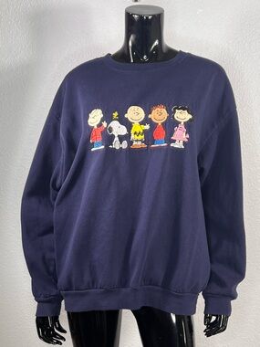 Peanuts Gang Snoopy Embroidered & Printed Navy Sweatshirt Sz XL 16/18